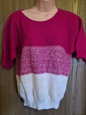 Vintage White Hot Pink Striped Ombré Short Sleeve Sweater Women’s M USA Brunny